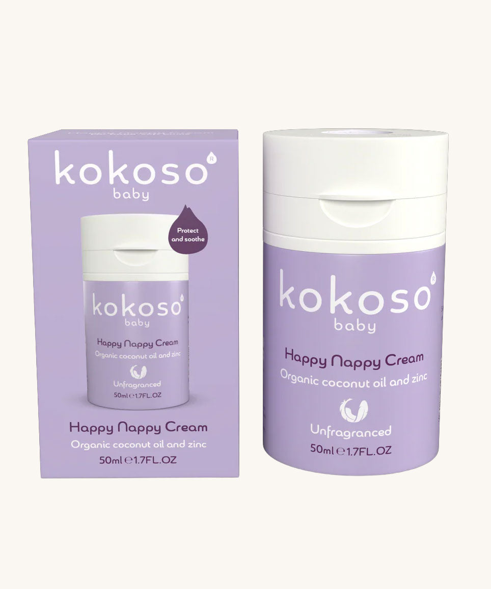 A tube of Kokoso organic coconut oil Happy Nappy Cream in a purple container placed next to a cardboard packaging box. Kokoso's range of organic  coconut oil baby care is available at Babipur. 