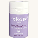 A tube of Kokoso organic coconut oil Happy Nappy Cream in a purple container. Kokoso's range of organic  coconut oil baby care is available at Babipur. 