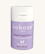 A tube of Kokoso organic coconut oil Happy Nappy Cream in a purple container. Kokoso's range of organic  coconut oil baby care is available at Babipur. 
