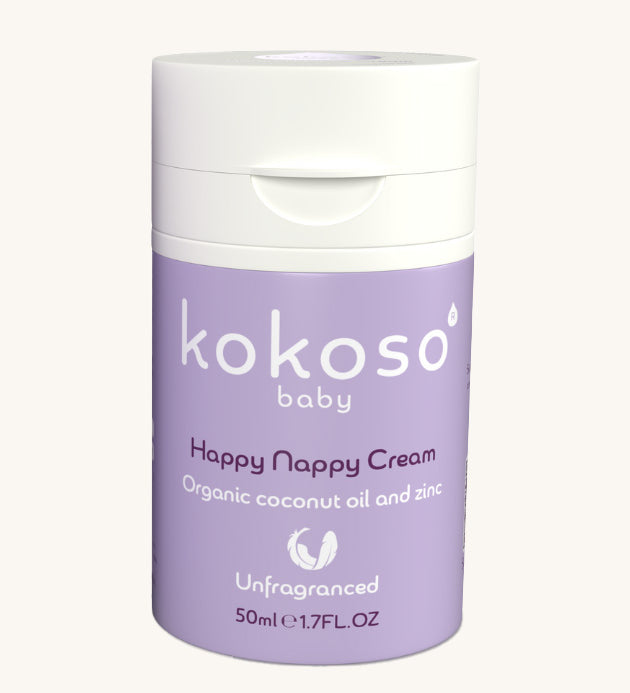 A tube of Kokoso organic coconut oil Happy Nappy Cream in a purple container. Kokoso's range of organic  coconut oil baby care is available at Babipur. 
