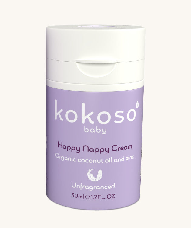 A tube of Kokoso organic coconut oil Happy Nappy Cream in a purple container. Kokoso's range of organic  coconut oil baby care is available at Babipur. 