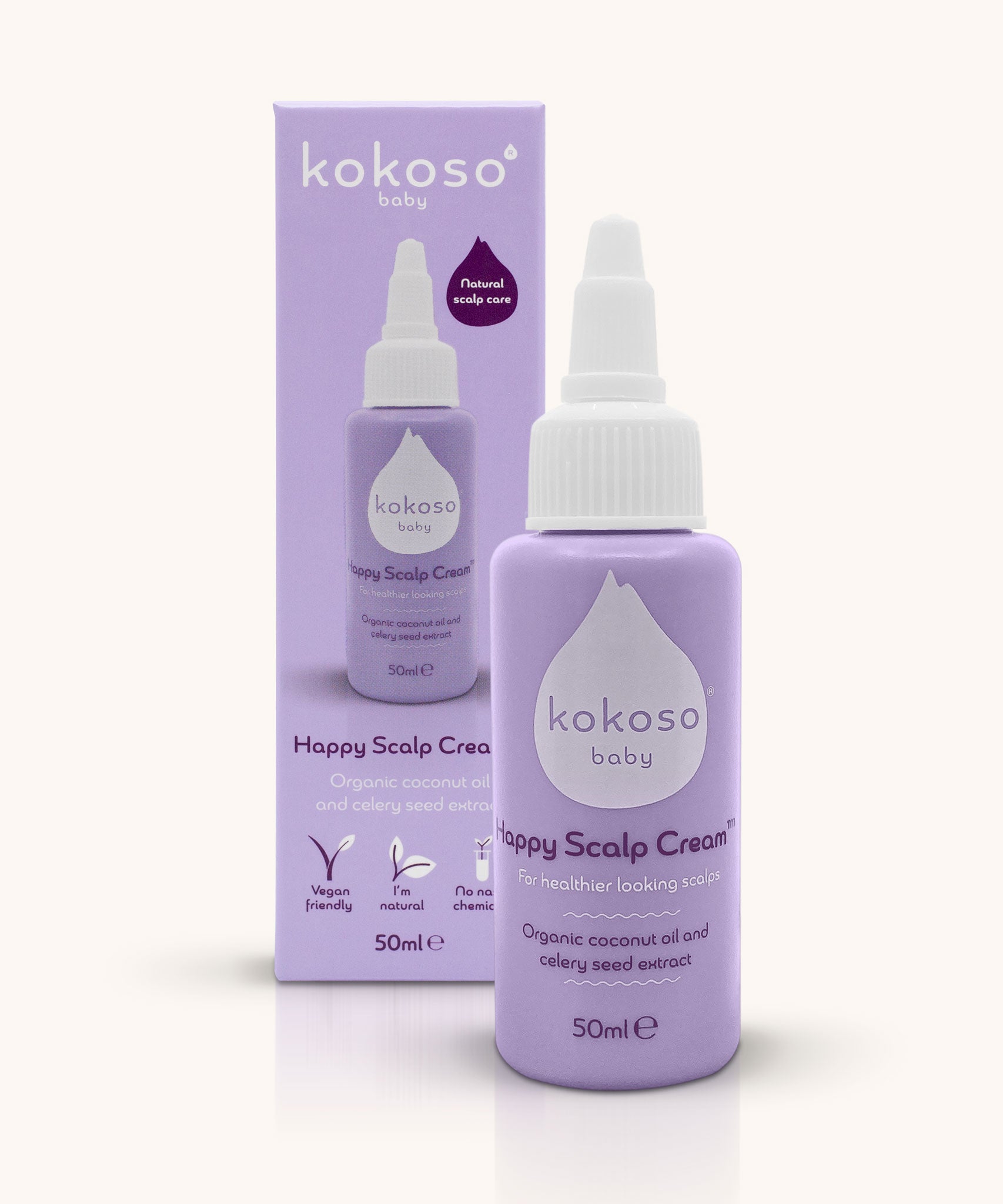 Kokoso Happy Scalp Cream in a 50ml container next to the cardboard packaging box. The Kokoso baby care range is available at Babipur.