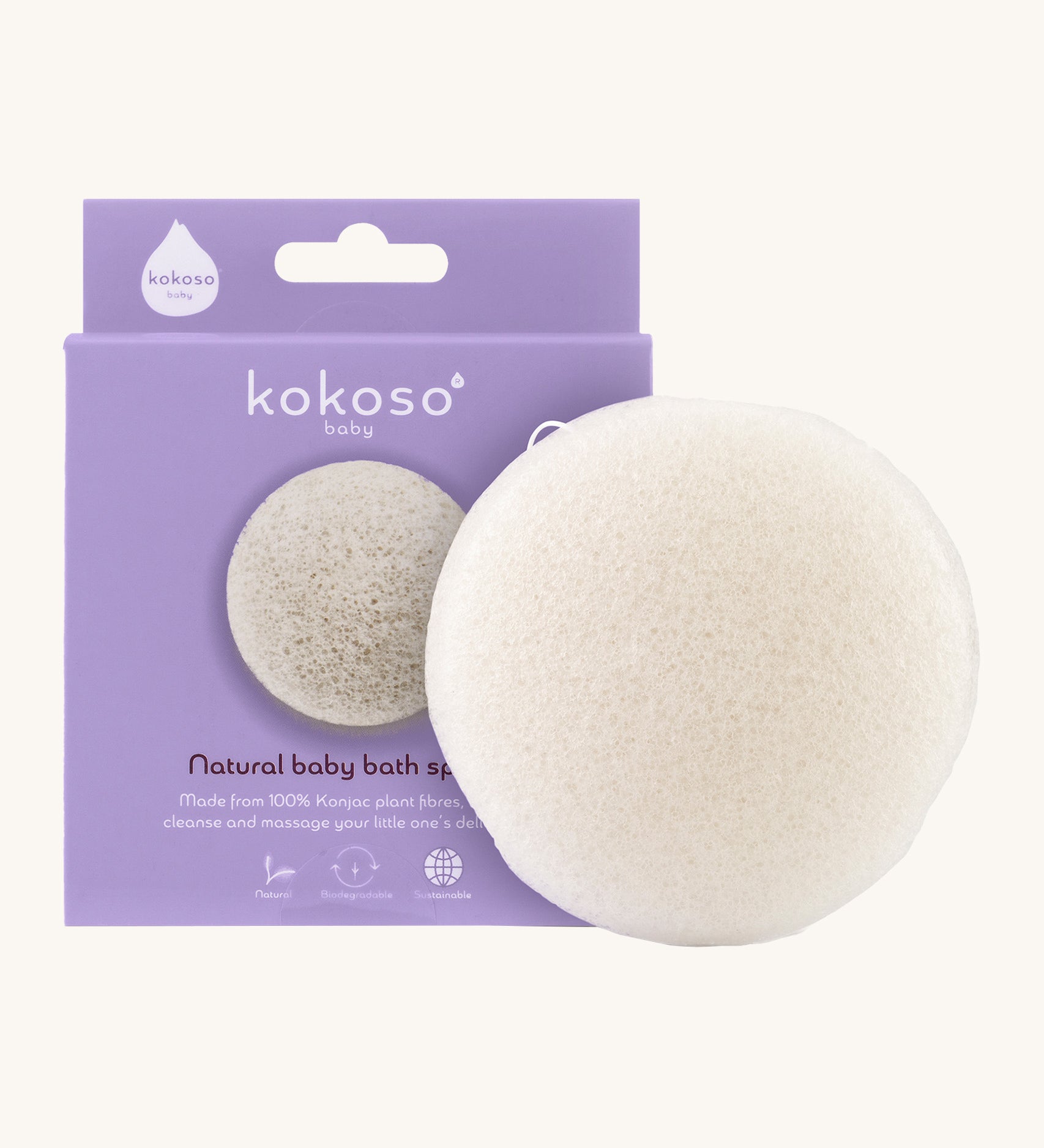 Kokoso natural konjac sponge available at Babipur. Comes in a lovely lilac branded packaging.