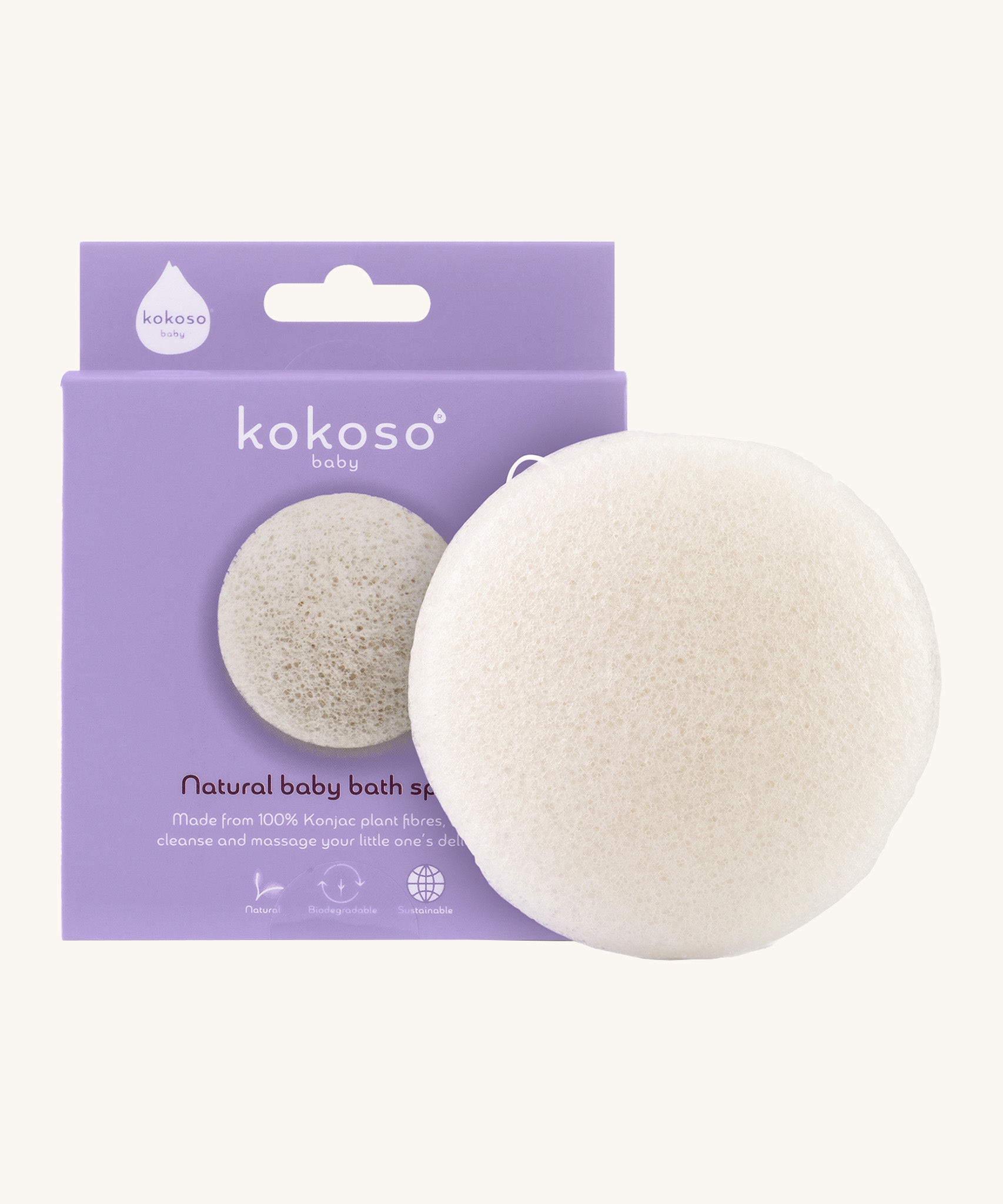 Kokoso natural konjac sponge available at Babipur. Comes in a lovely lilac branded packaging.