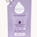 Kokoso Gentle Hair & Body Wash, 100% Natural Coconut Fragrance pouch on a cream background