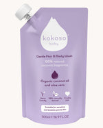 Kokoso Gentle Hair & Body Wash, 100% Natural Coconut Fragrance pouch on a cream background