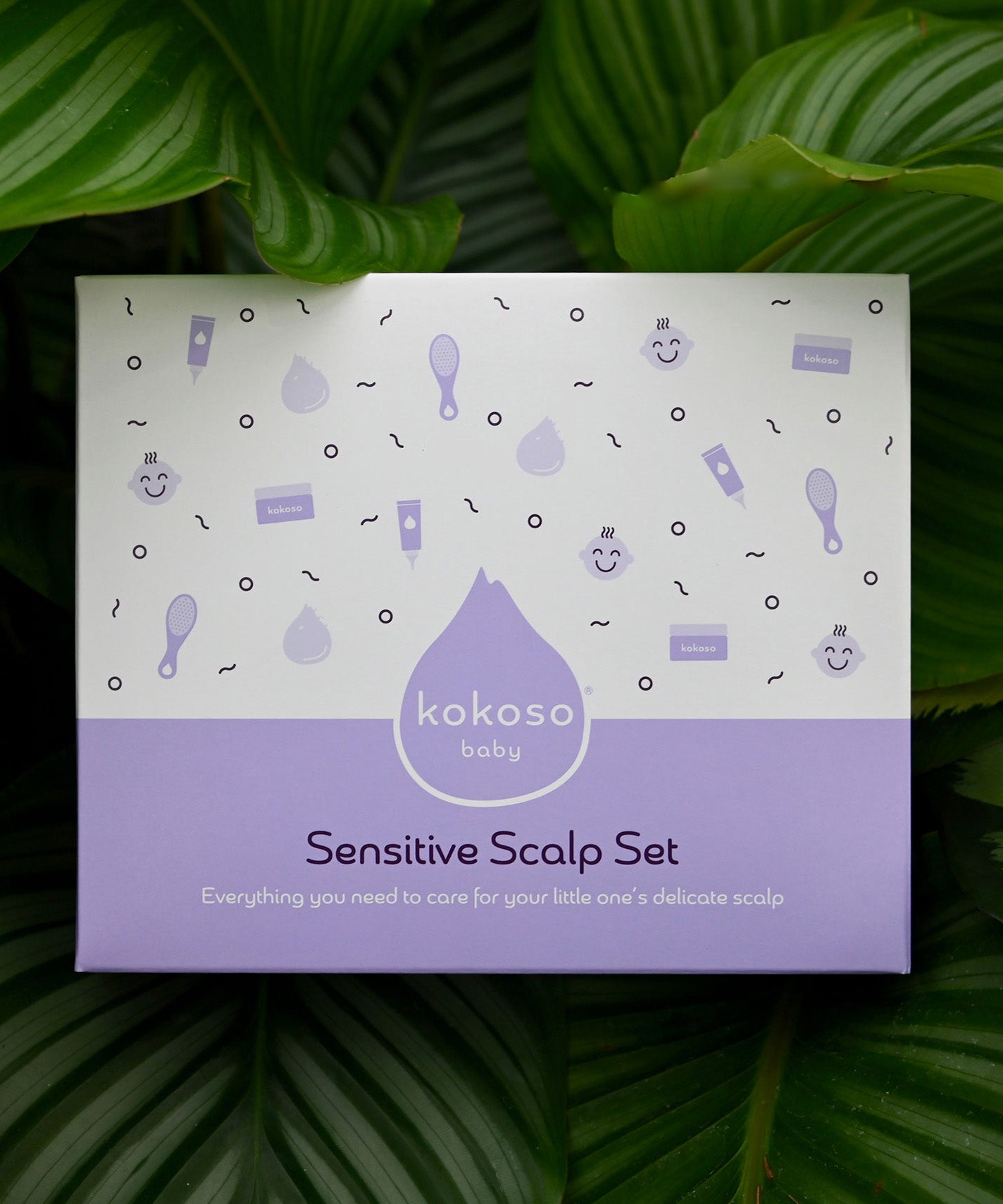 The Sensitive Scalp Set box with a tropical leaves in the background, includes Scalp Cream, Natural Baby Brush and and organic Coconut oil available at Babipur.