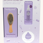 The Sensitive Scalp Set box, includes Scalp Cream, Natural Baby Brush and and organic Coconut oil, on a cream background