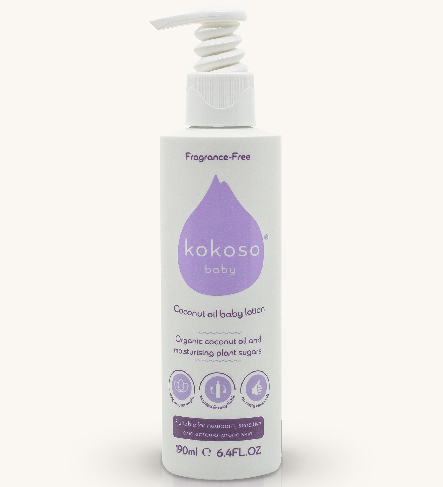 Kokoso fragrance-free organic coconut oil baby lotion bottle features a push down dispenser and available at Babipur.
