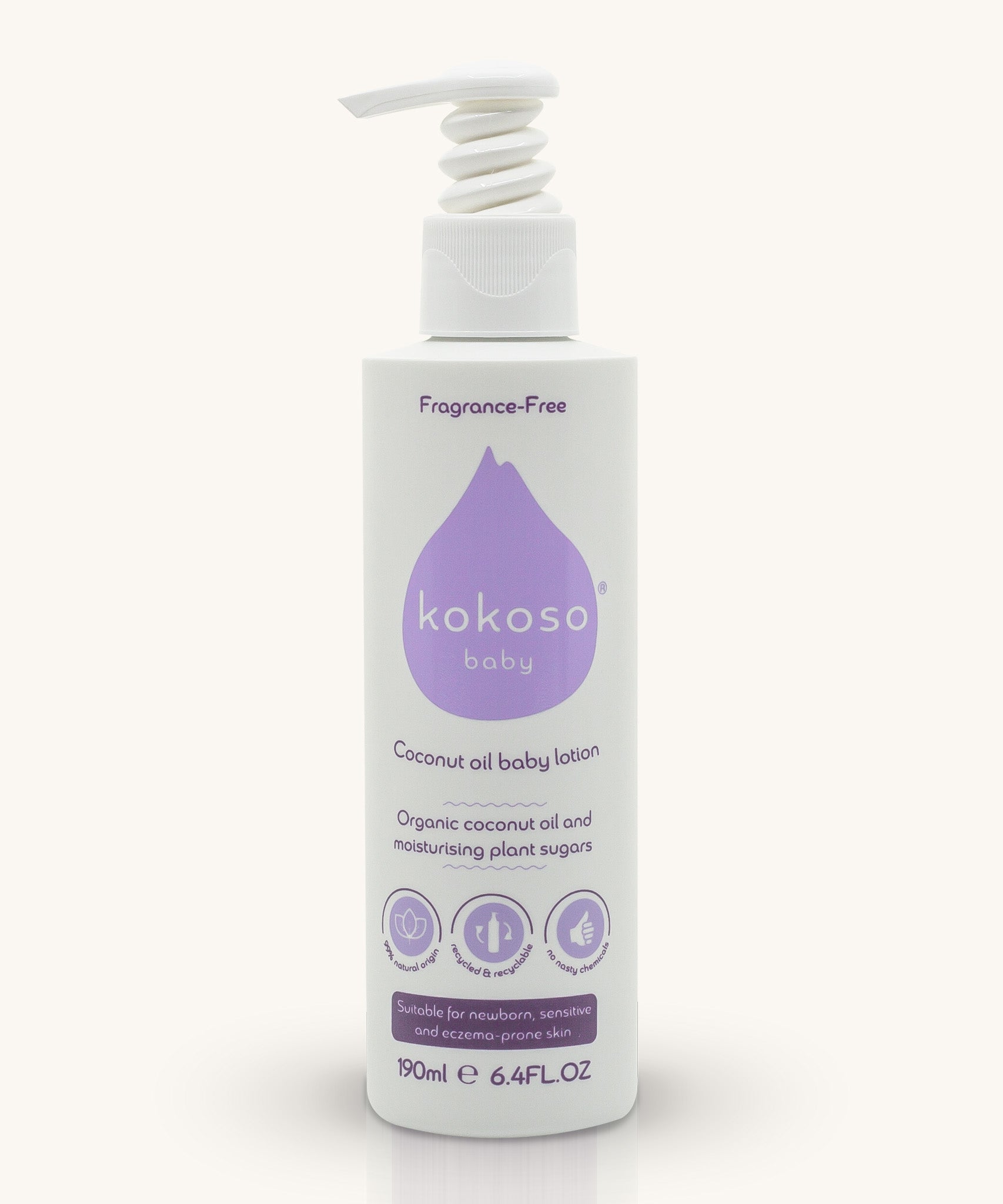Kokoso fragrance-free organic coconut oil baby lotion bottle features a push down dispenser and available at Babipur.