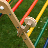 A close up of the clamp from the Kraul DIY Basket Cable Car STEM Kit attached to the side of a TriClimb.