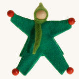 A green felt Kraul Little Passenger Doll. These pose-able dolls are perfect to fit inside smaller toy vehicles and for use with the Kraul cable cars.
