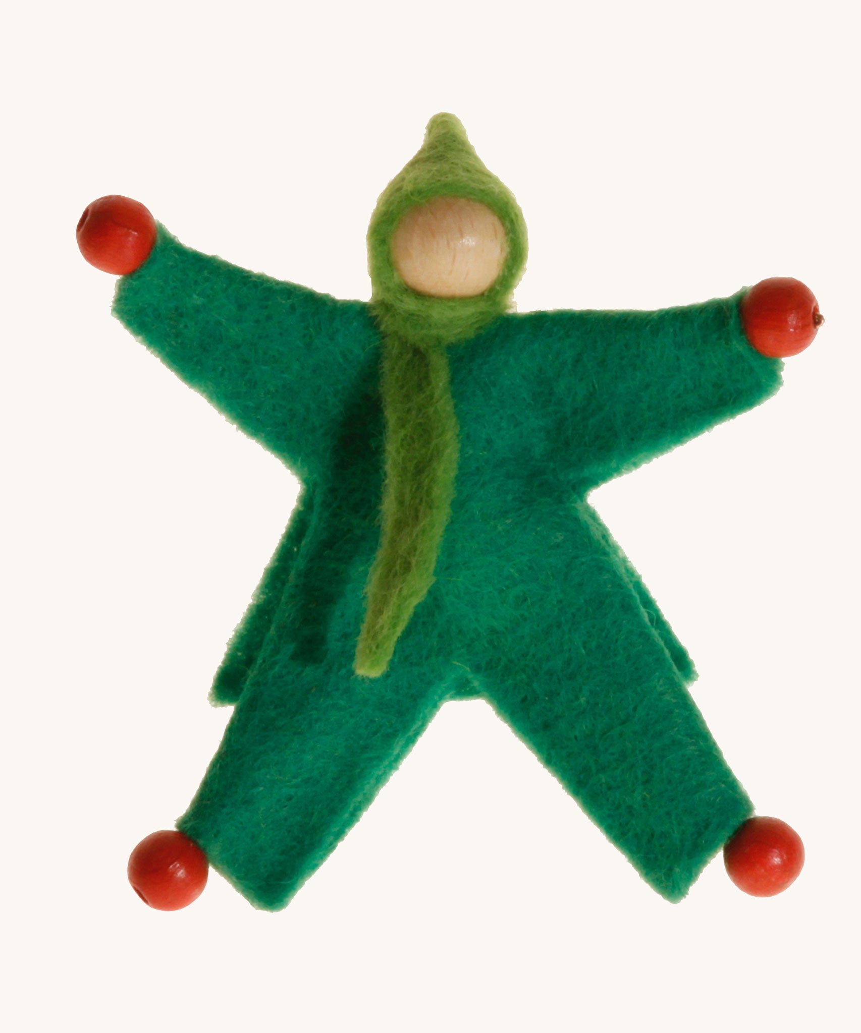 A green felt Kraul Little Passenger Doll. These pose-able dolls are perfect to fit inside smaller toy vehicles and for use with the Kraul cable cars.
