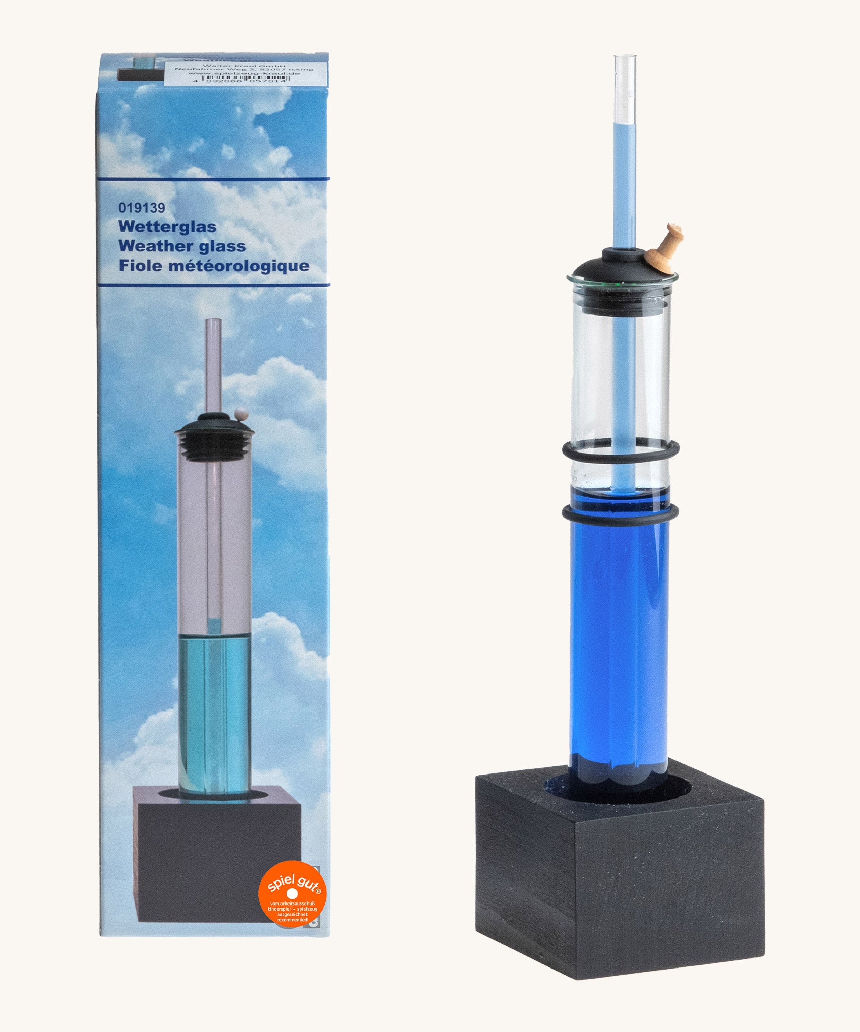 Kraul kids weather kit showing the glass tube containing blue liquid on a black wooden stand.