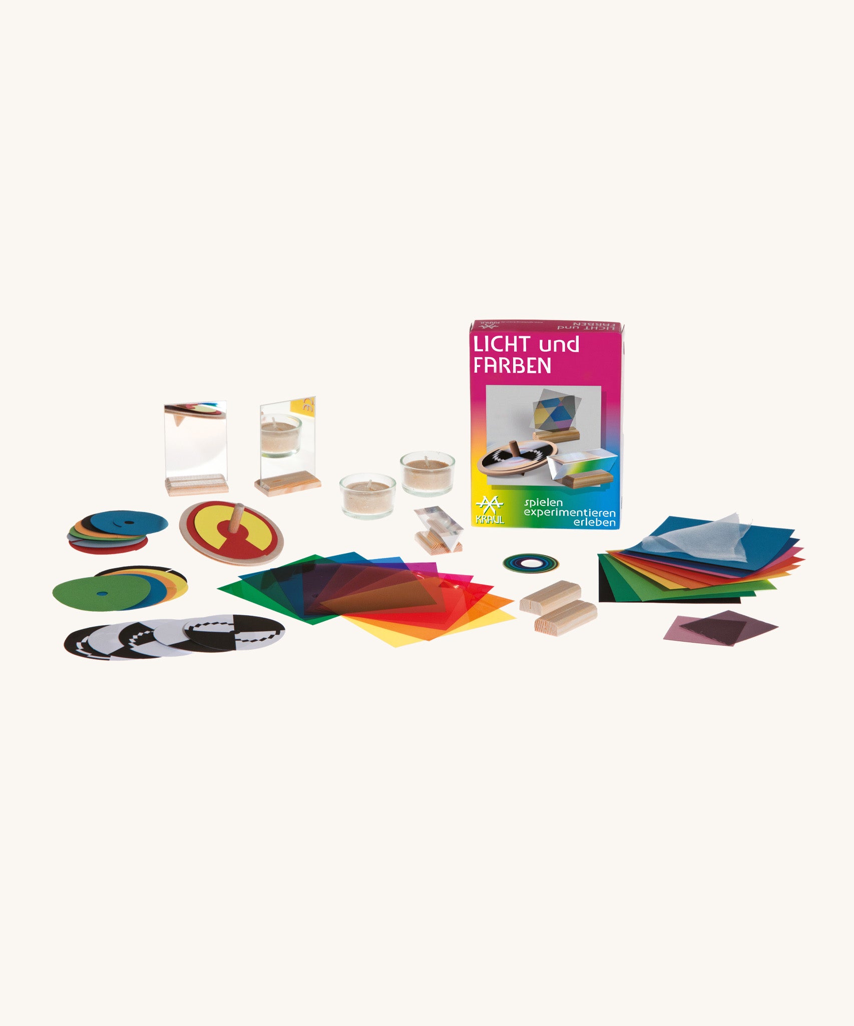 Kraul lights and colour kit showing the wooden spinning top, different patterned discs, a prism, polarization filters and mirrors