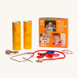Kraul listening box kit showing the stethoscope, tuning fork, balloons, elastics, and string to make a string telephone and different listening experiments