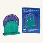 Kraul wooden pocket planetarium set showing the blue disk with different zodiac  symbols on a green wooden stand.