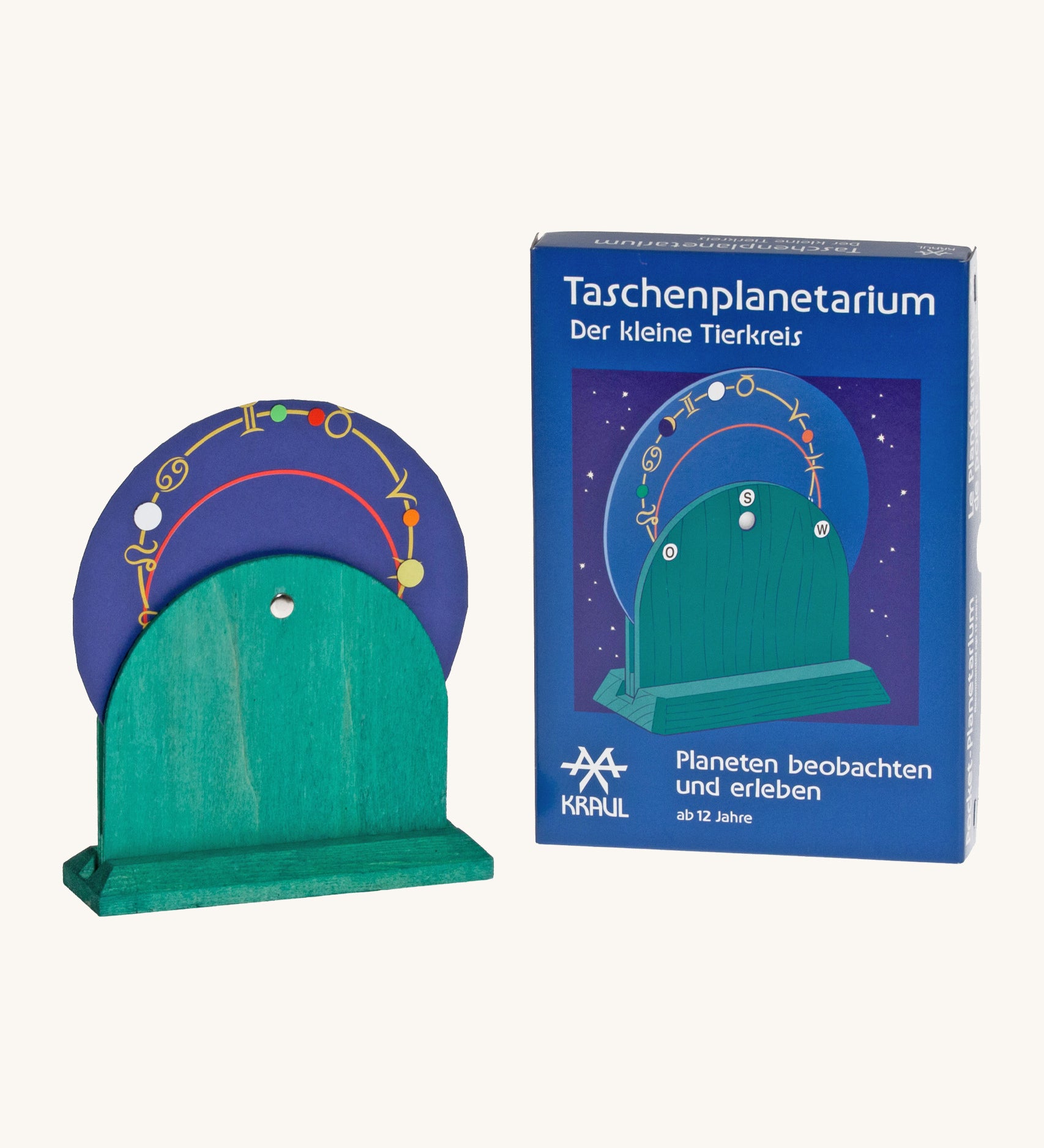 Kraul wooden pocket planetarium set showing the blue disk with different zodiac  symbols on a green wooden stand.