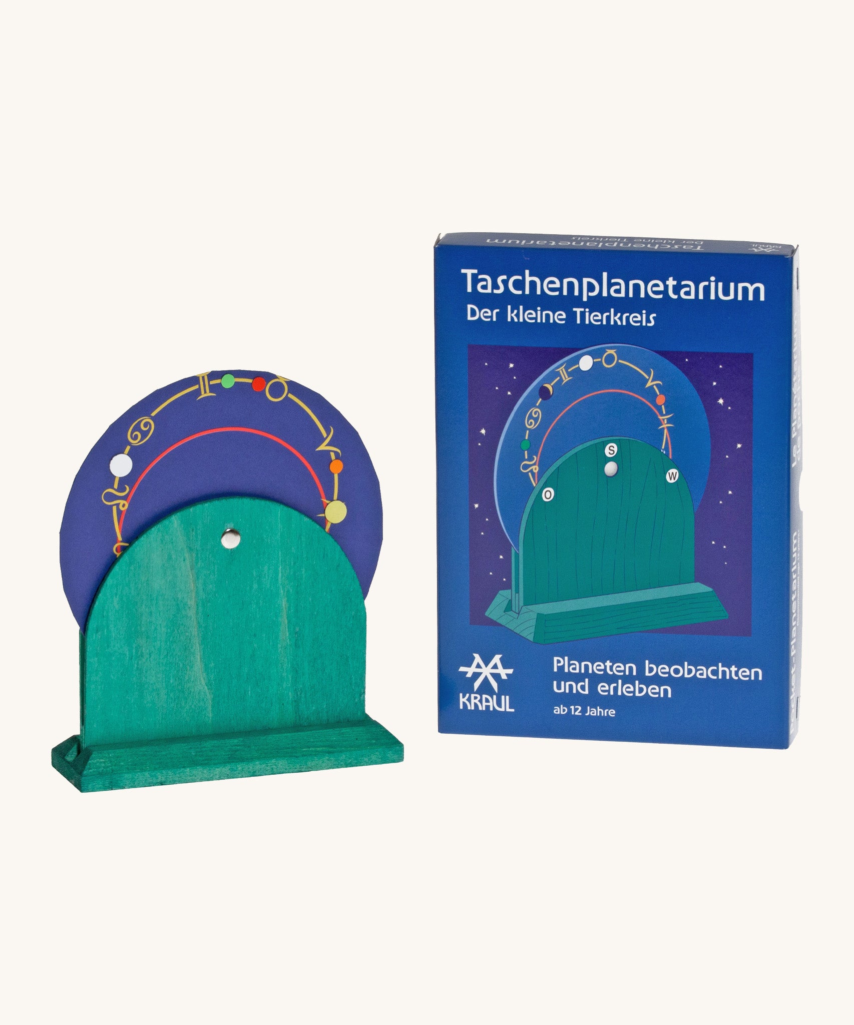 Kraul wooden pocket planetarium set showing the blue disk with different zodiac  symbols on a green wooden stand.