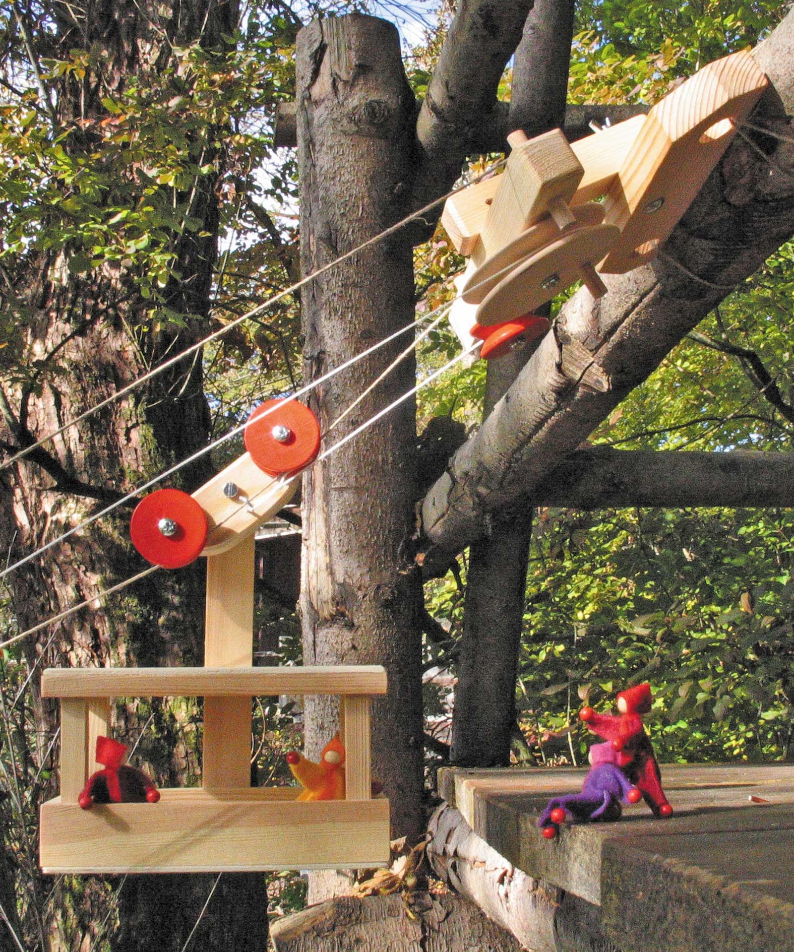 Kraul top station for big cable cars set  up on a tree house outdoors. 