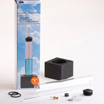 Kraul kids weather kit showing the different kit pieces including a glass tubes, and black wooden stand
