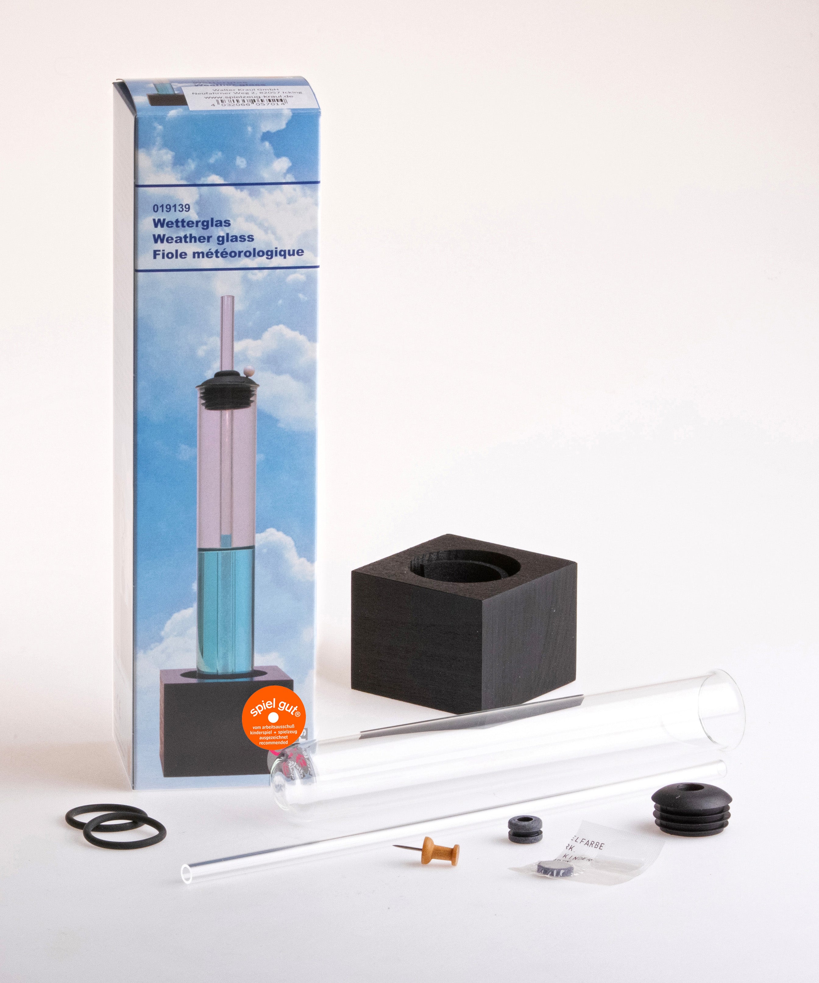 Kraul kids weather kit showing the different kit pieces including a glass tubes, and black wooden stand