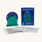 Kraul wooden pocket planetarium set showing the blue disk with different zodiac  symbols with a paper booklet. 