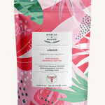 Light and dark pink with green leaves labour tea on a cream background.