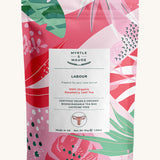 Light and dark pink with green leaves labour tea on a cream background.