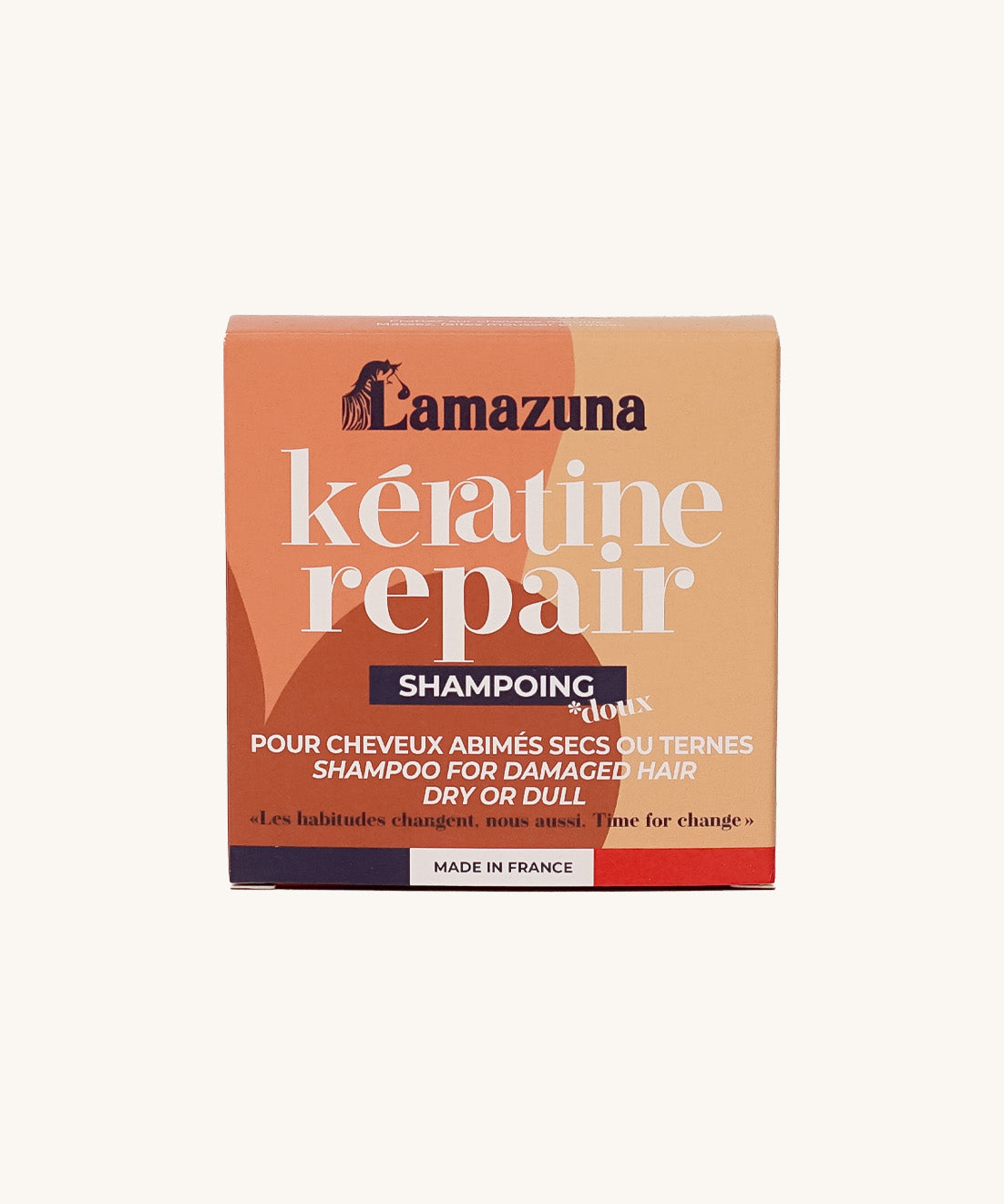 Lamazuna Keratin Repair Shampoo Bar box, labelled for damaged, dry or dull hair and made in France.