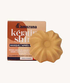 Lamazuna Keratin Shine solid conditioner bar displayed in front of its matching box packaging