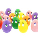 Assortment of Lanco eco-friendly squeaky rubber egg toys on a white background