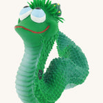 Lanco Maggy the snake baby teether.  100% natural rubber with safe non toxic green dyes  baby teether showing the playful facial features. 