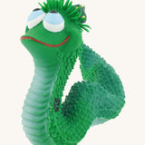 Lanco Maggy the snake baby teether.  100% natural rubber with safe non toxic green dyes  baby teether showing the playful facial features. 
