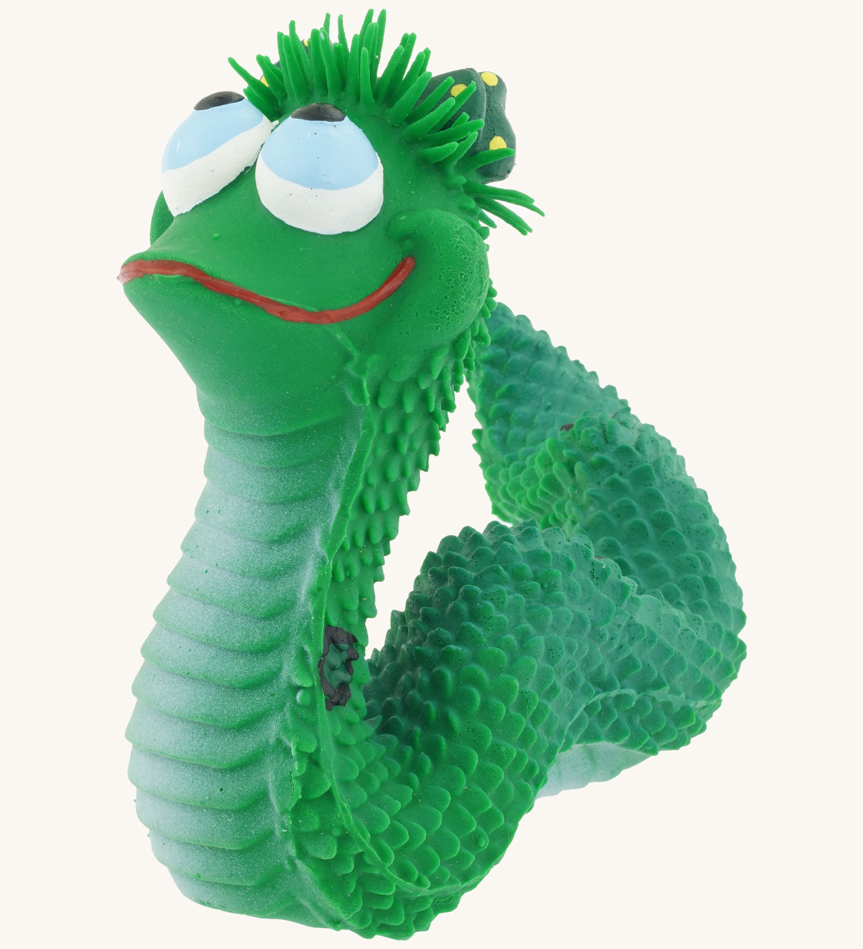 Lanco Maggy the snake baby teether.  100% natural rubber with safe non toxic green dyes  baby teether showing the playful facial features. 