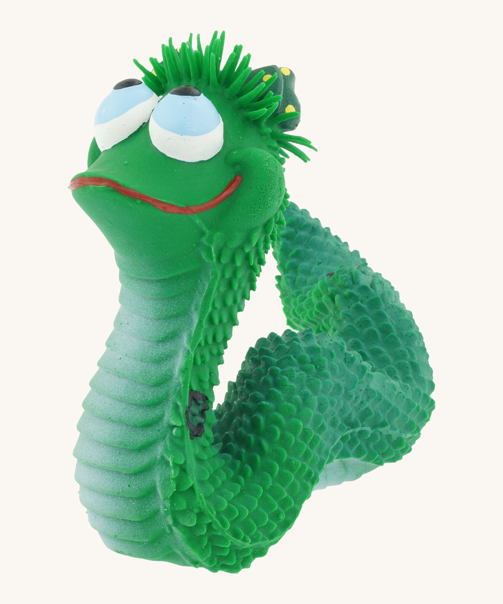Lanco Maggy the snake baby teether.  100% natural rubber with safe non toxic green dyes  baby teether showing the playful facial features. 