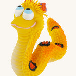 Lanco Maggie The Snake 100% Natural Rubber Sensory Toy - Yellow, on a cream background