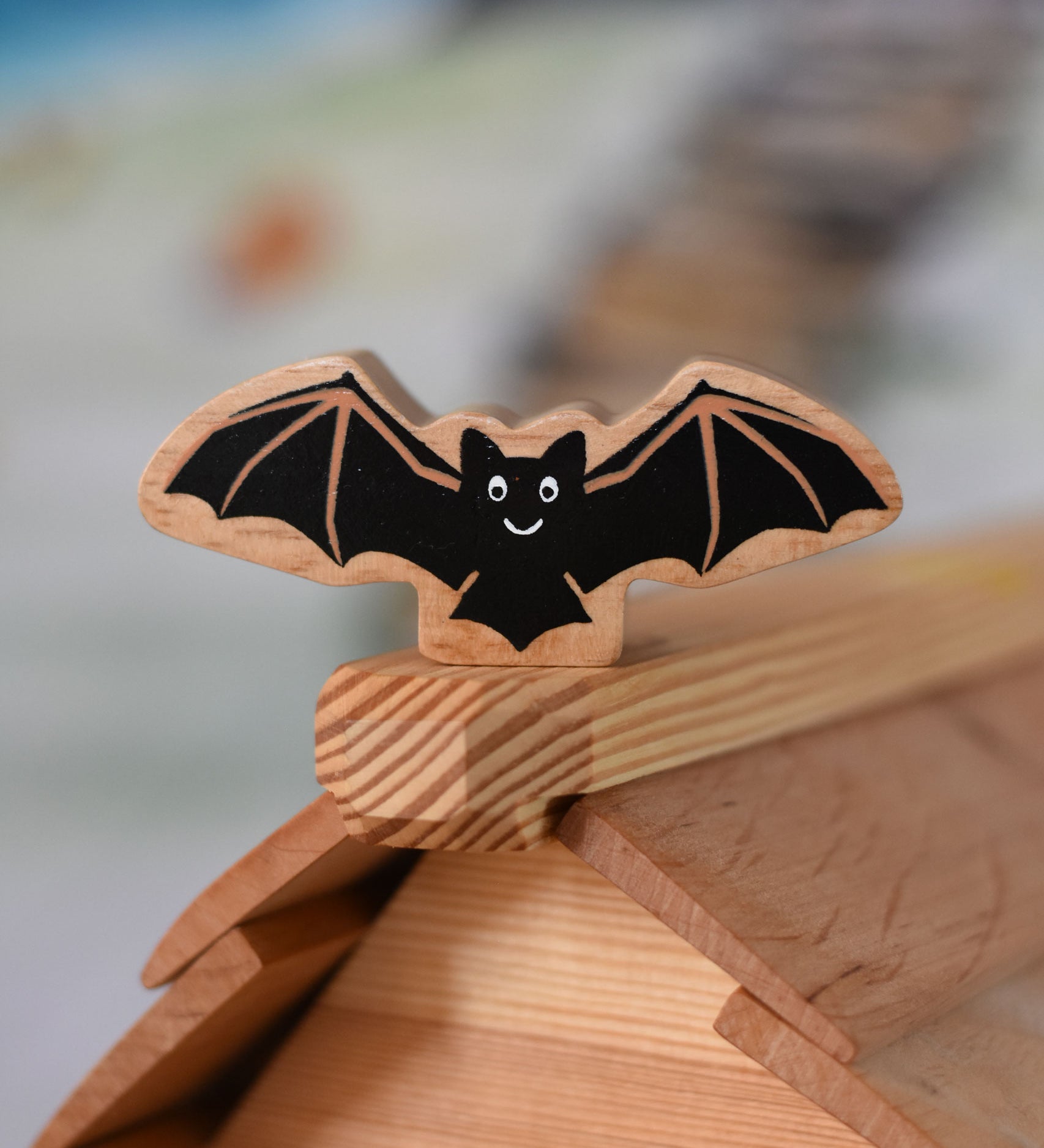 A Lanka Kade wooden toy bat placed on the ridge of the roof of an Osthemer wooden toy cottage. 