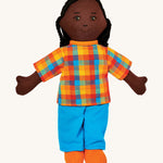 Lanka Kade dad doll with black skin and long black hair. Features a short sleeve top in a multicoloured check style, coloured trousers and stitched on shoes. 