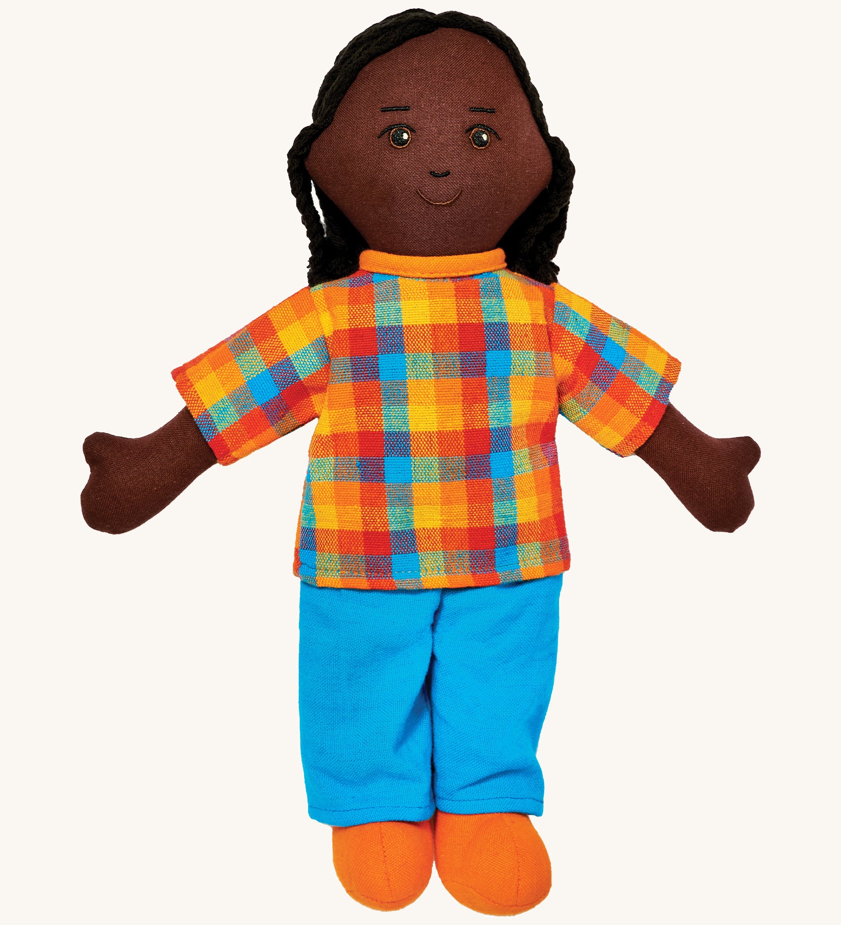 Lanka Kade dad doll with black skin and long black hair. Features a short sleeve top in a multicoloured check style, coloured trousers and stitched on shoes. 