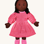 Lanka Kade mum doll with black skin and long black hair. Features a long dress in a multicoloured check style and stitched on shoes. 