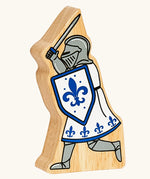 Lanka Kade blue foot knight with raised sword wooden toy figure.