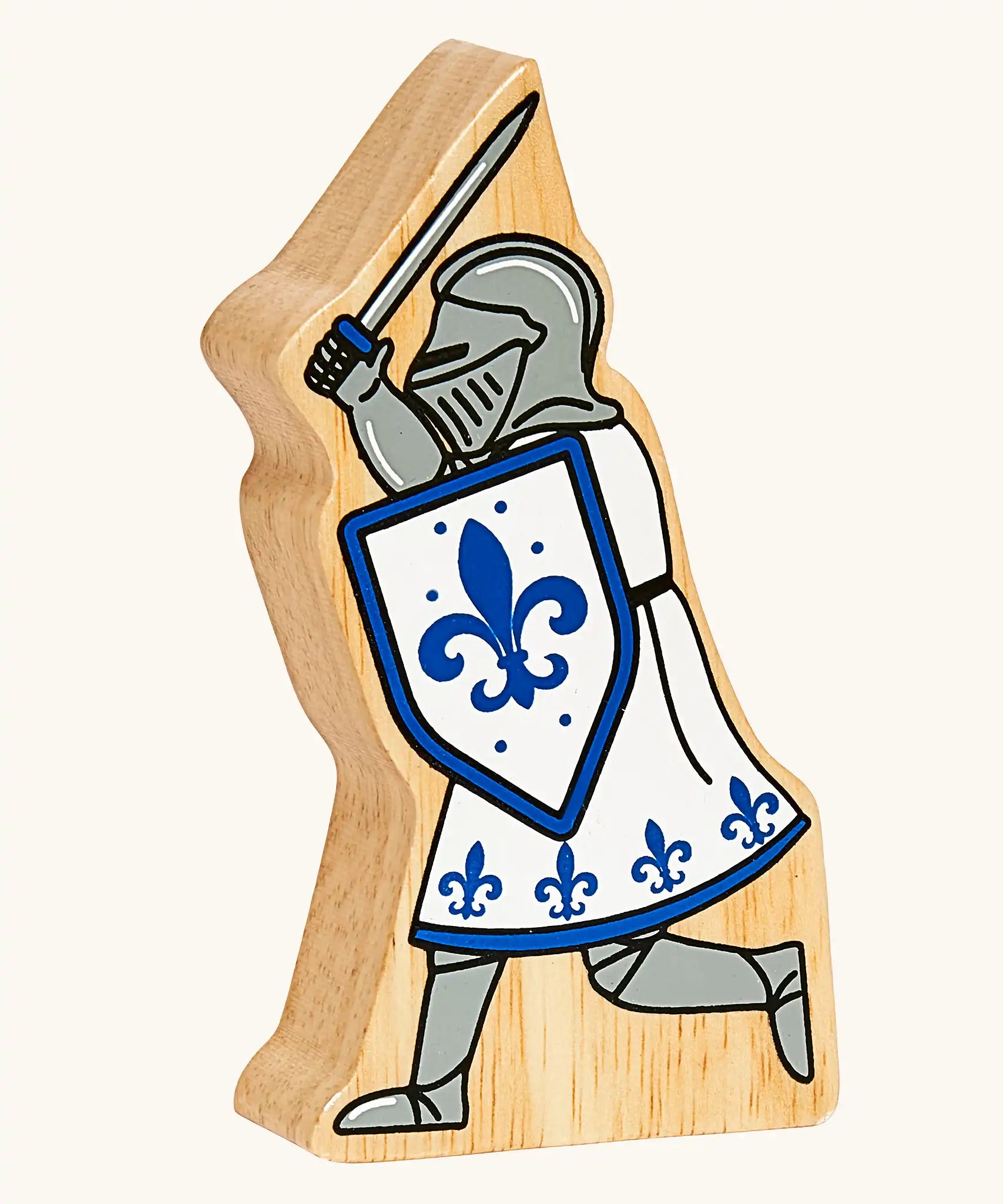 Lanka Kade blue foot knight with raised sword wooden toy figure.