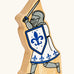 Lanka Kade blue foot knight with raised sword wooden toy figure.