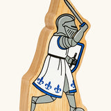 Lanka Kade blue foot knight with raised sword wooden toy figure.