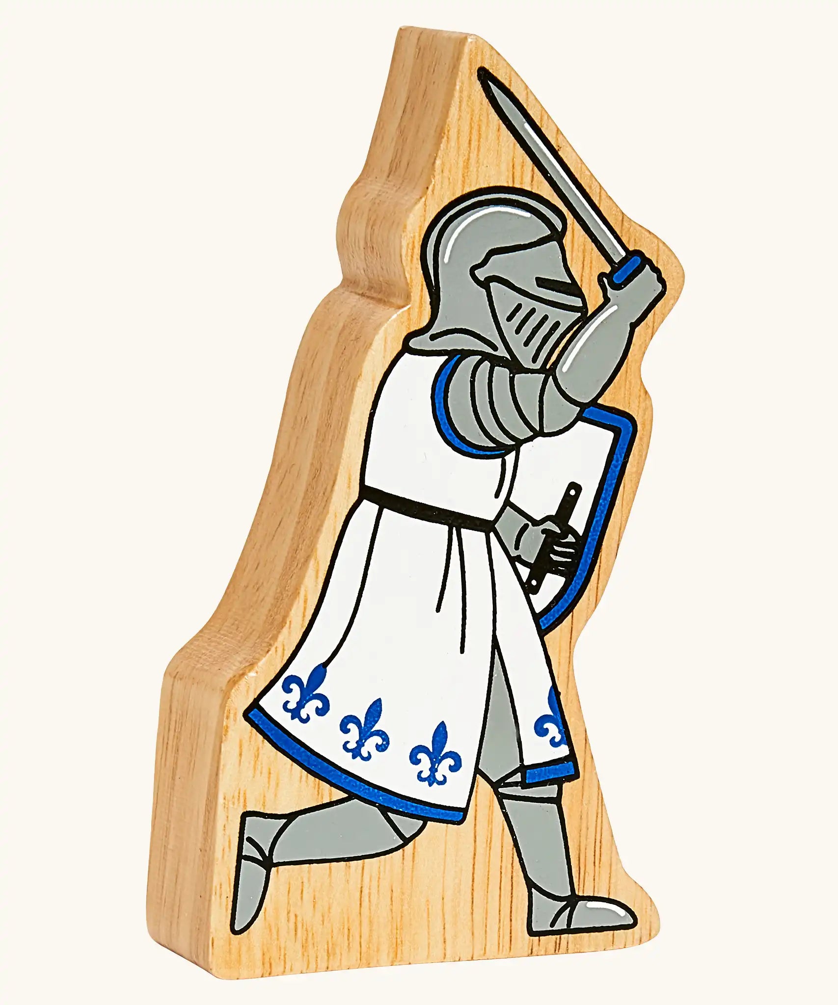 Lanka Kade blue foot knight with raised sword wooden toy figure.
