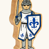 Lanka Kade blue front facing knight wooden toy figure.