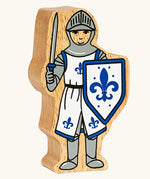 Lanka Kade blue front facing knight wooden toy figure.