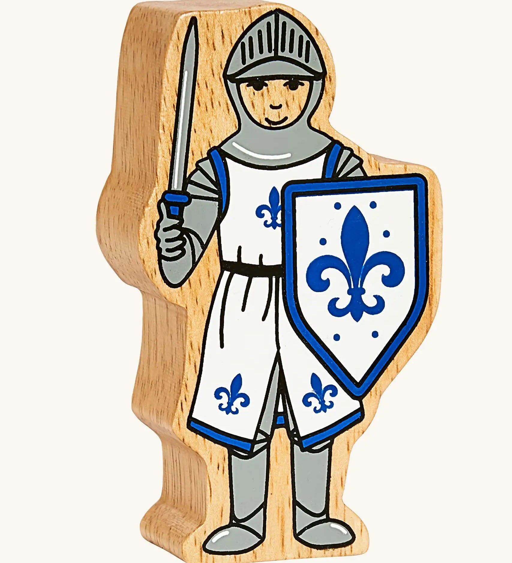 Lanka Kade blue front facing knight wooden toy figure.