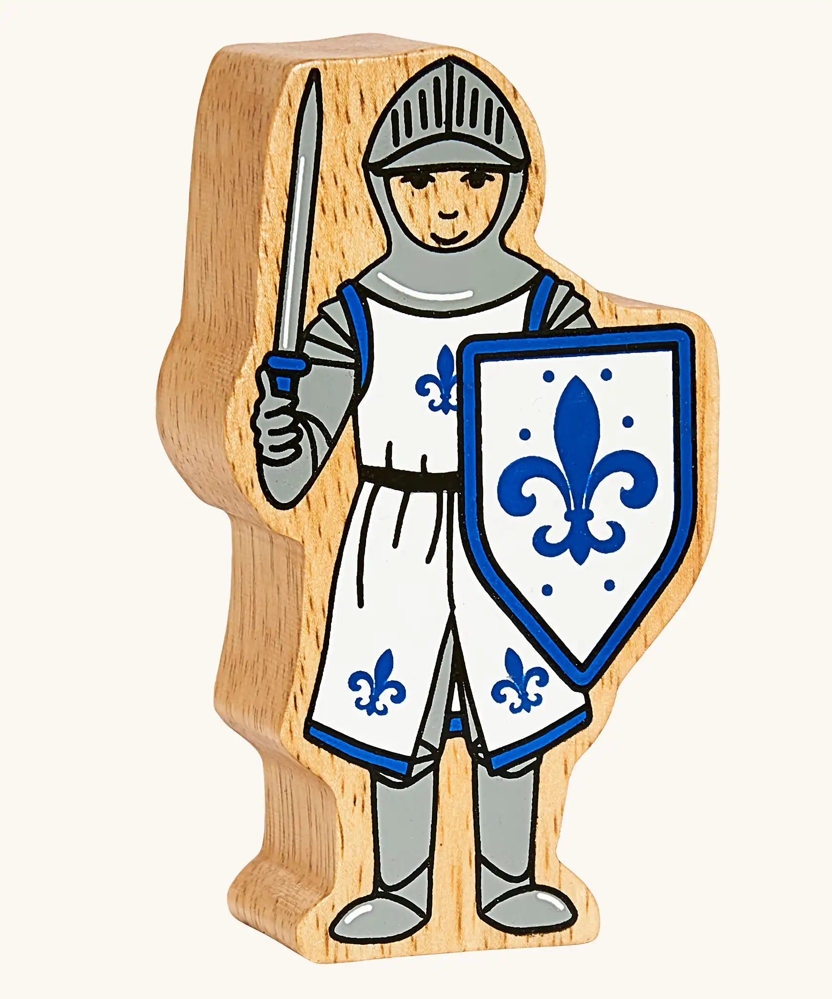 Lanka Kade blue front facing knight wooden toy figure.